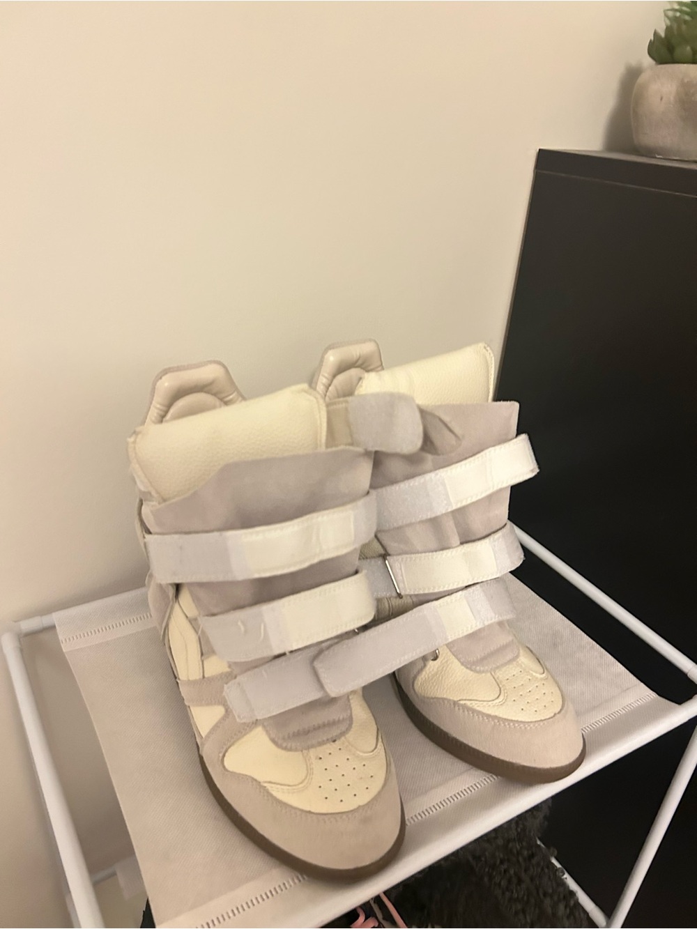 Neutral Beige & Cream High-Top Strap Sneakers